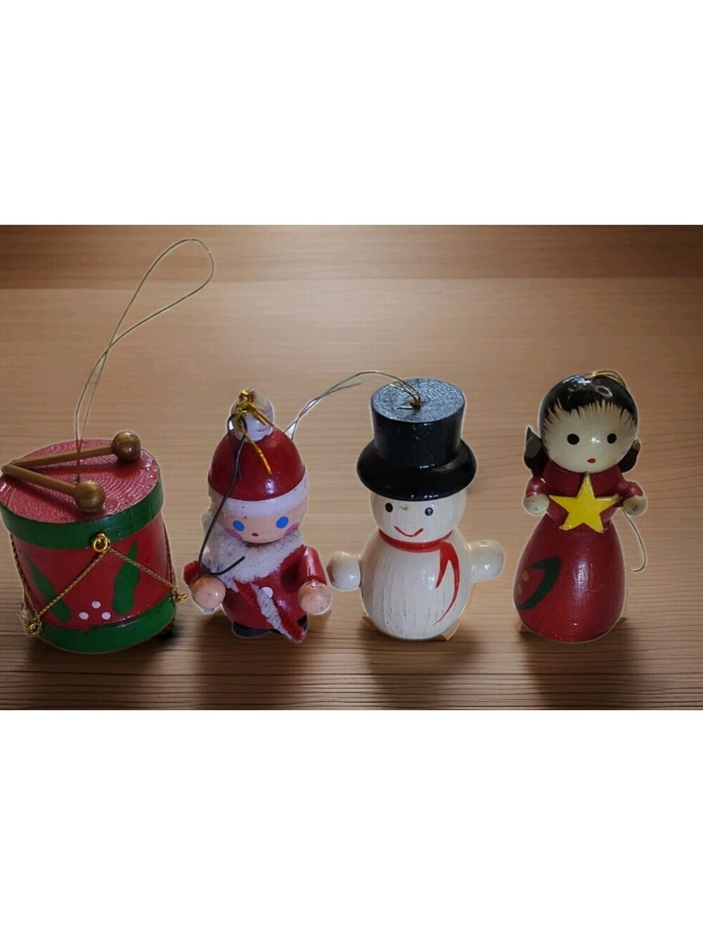 Vtg 1960 Set 4 Christmas Ornament Wood Hand Painted Snowman Boy DrumAngel 2" A44